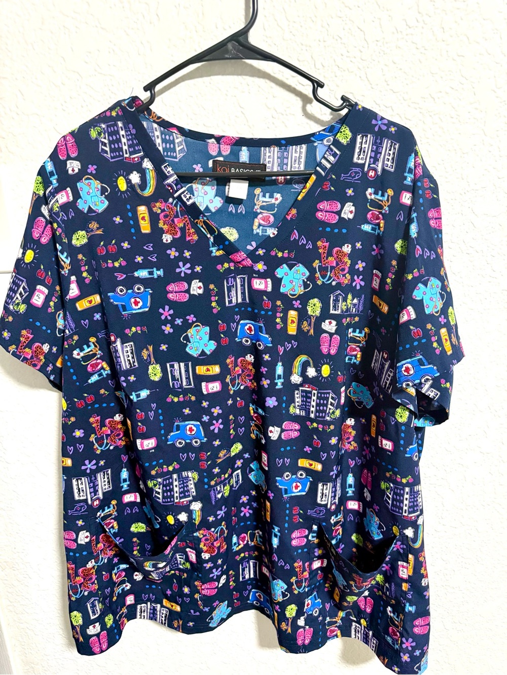 Navy Medical Print Short Sleeve Scrub Top Size 3X Women’s